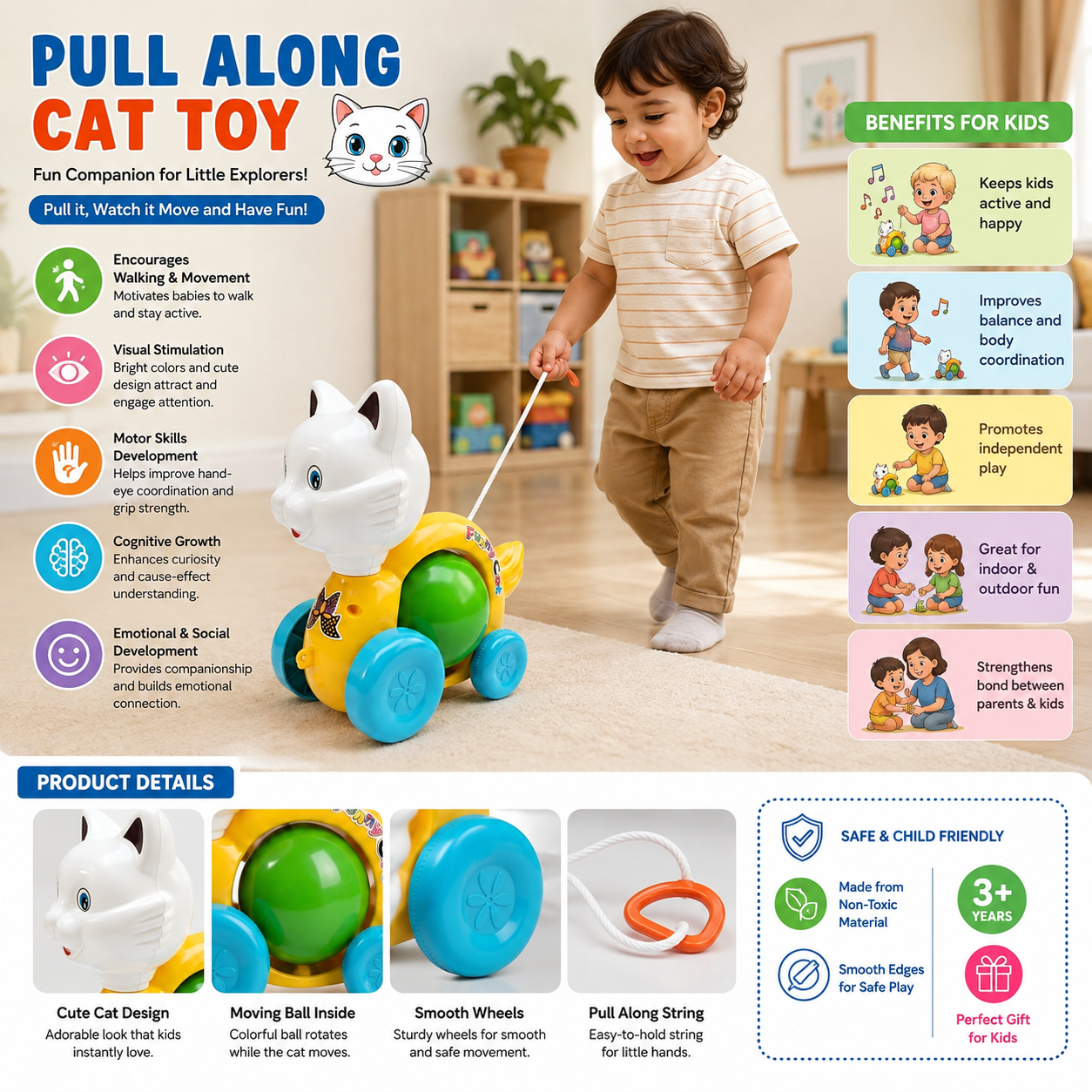 ToyBharat Pulling Funny Cat is a multicolour pull-along toy designed for toddlers aged 1-6 years. Made from safe and non-toxic materials, it's perfect for indoor and outdoor play and makes a fun kids’ gift.