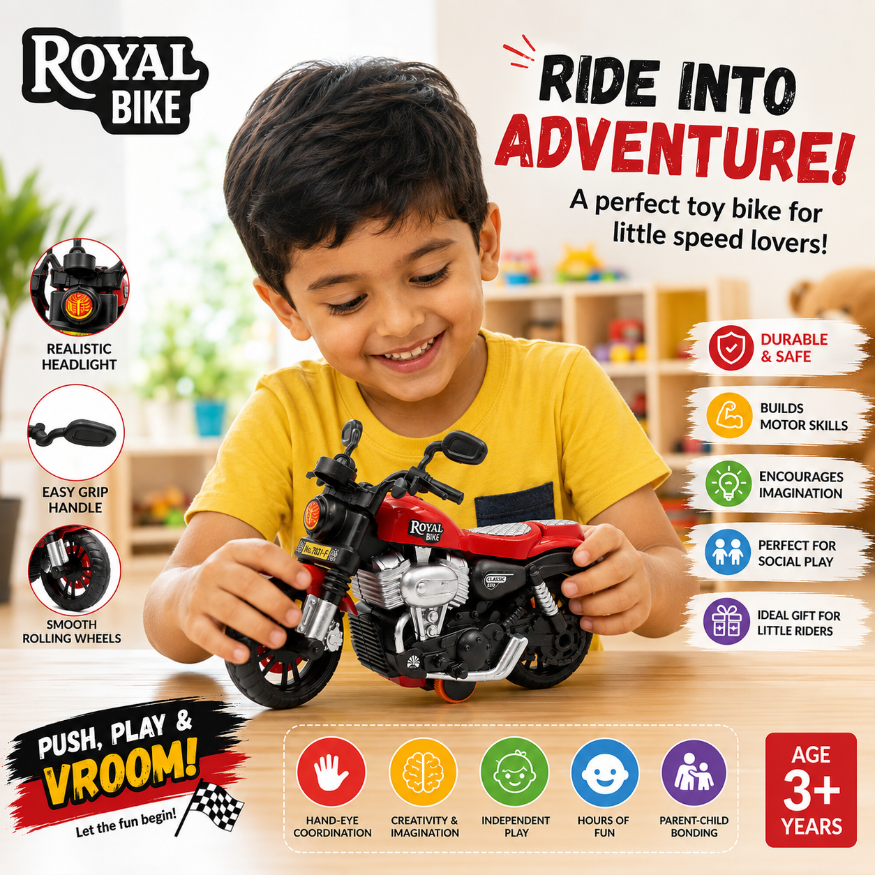 ToyBharat Royal Bike is a multicolour friction-powered travel toy with a stylish design, perfect for kids aged 1 to 6 years. Made from safe, non-toxic materials, it's durable, fun, and a great birthday gift.