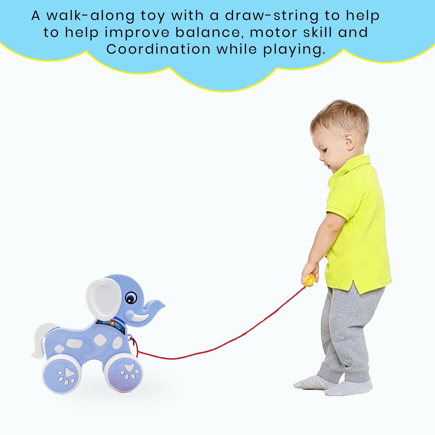 ToyBharat Choo Choo Elephant is a multicolour pull-along travel toy designed for kids aged 1-6. Safe, non-toxic, and realistic in design, it offers engaging indoor and outdoor play. Ideal as a birthday gift.