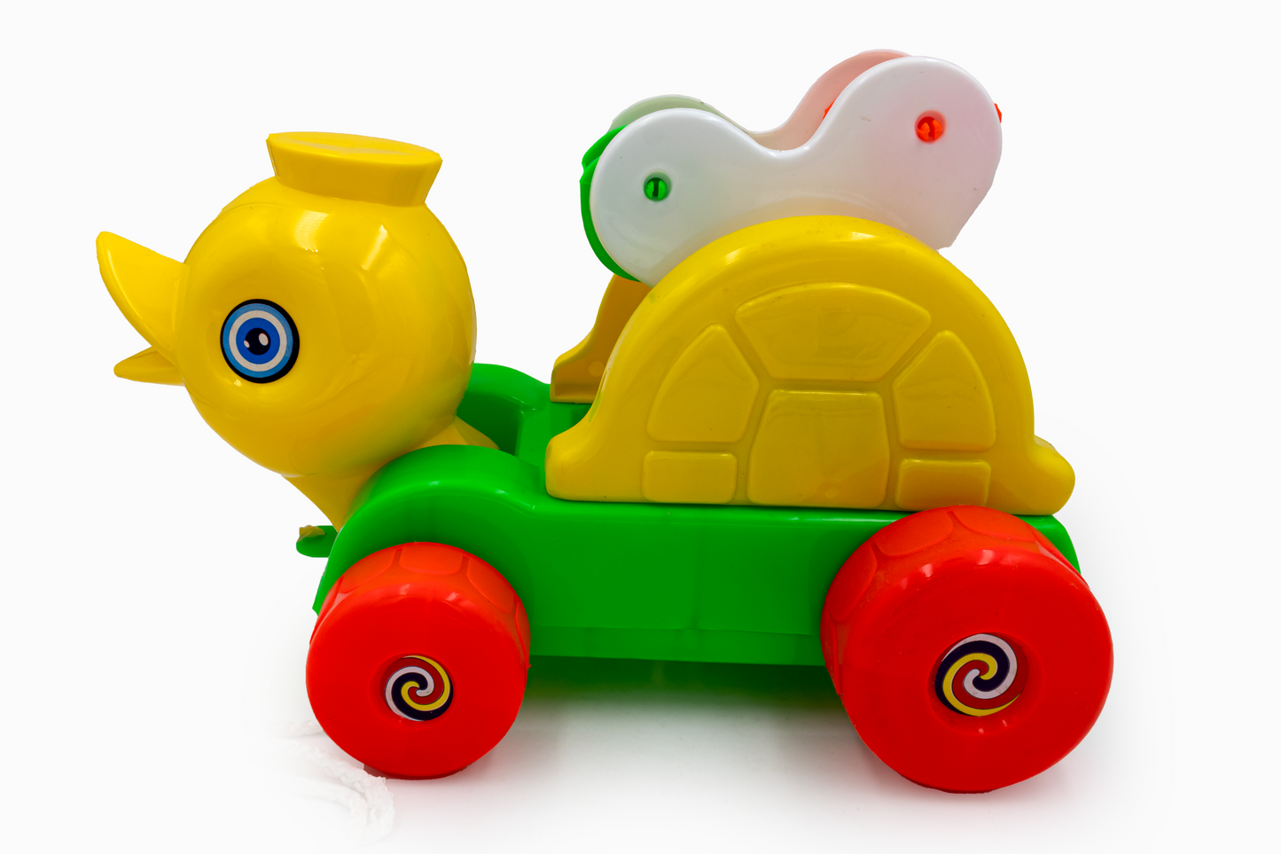 ToyBharat Merry Go Round Duck is a vibrant multicolour pull-along toy for kids aged 1-6. Safe and non-toxic, this travel-friendly duck spins and waddles, perfect for indoor and outdoor play and gifting fun.