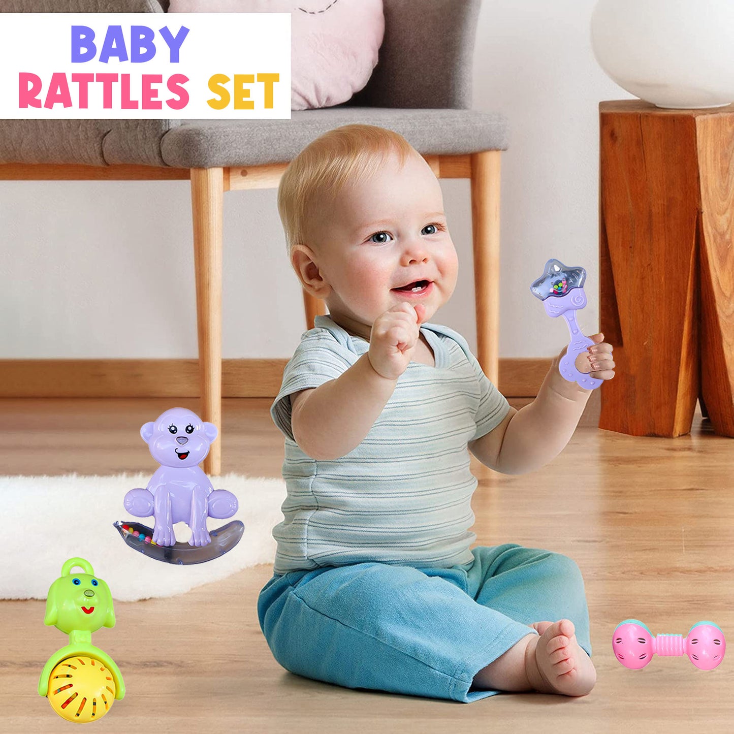 ToyBharat Rattle Toy 4Pcs Set | Interactive Toy | Musical toy | Pack of 4 | Birthday Gift for 0-11 Month Baby