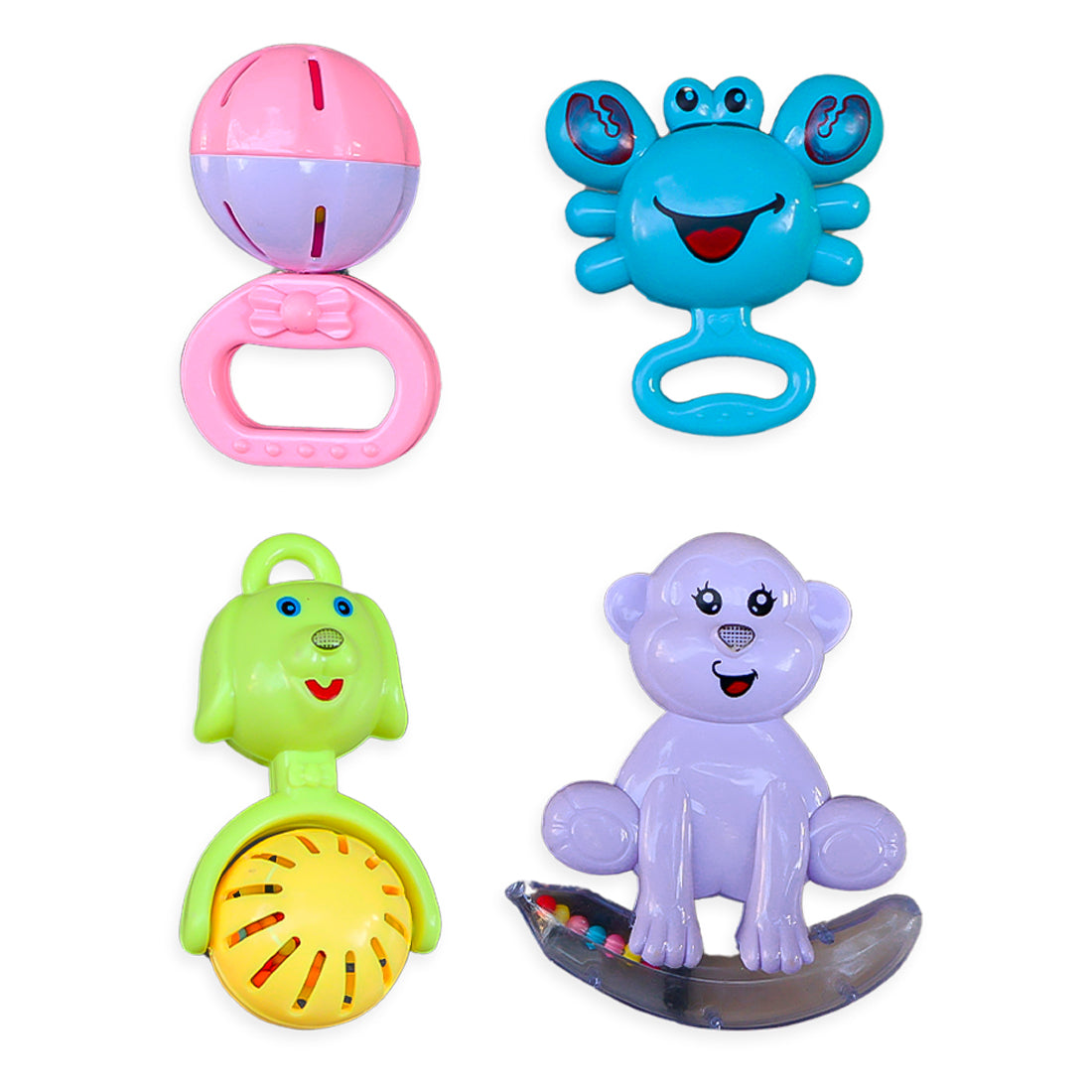 ToyBharat Baby Rattle Set – 4 Colorful Toys (Monkey, Ring, Dog, Crab,) | Safe, Sound-Making & Easy to Carry | Made in India | For Toddlers (1-6 Years) | Multicolour