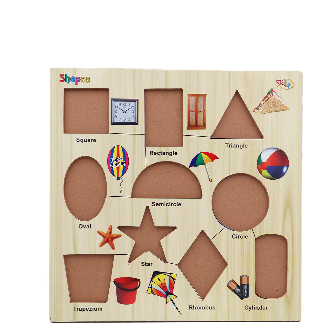 ToyBharat Wooden Puzzle Shapes is a vibrant educational toy that helps kids learn basic geometric shapes. Made from safe wood, it's ideal for early learning, skill development, and birthday gifting.