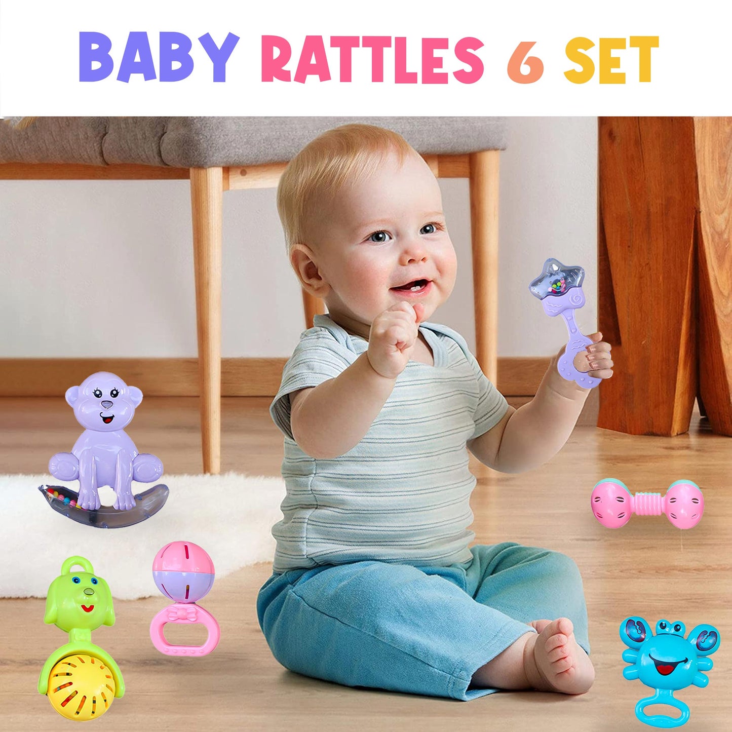 ToyBharat Baby Rattle Set – 6 Colorful Toys (Monkey, Ring, Dog, Crab, Hammer, Star) | Safe, Sound-Making & Easy to Carry | Made in India | For Toddlers (1-6 Years) | Multicolour