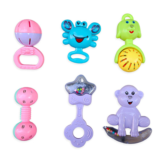 ToyBharat Baby Rattle Set – 6 Colorful Toys (Monkey, Ring, Dog, Crab, Hammer, Star) | Safe, Sound-Making & Easy to Carry | Made in India | For Toddlers (1-6 Years) | Multicolour