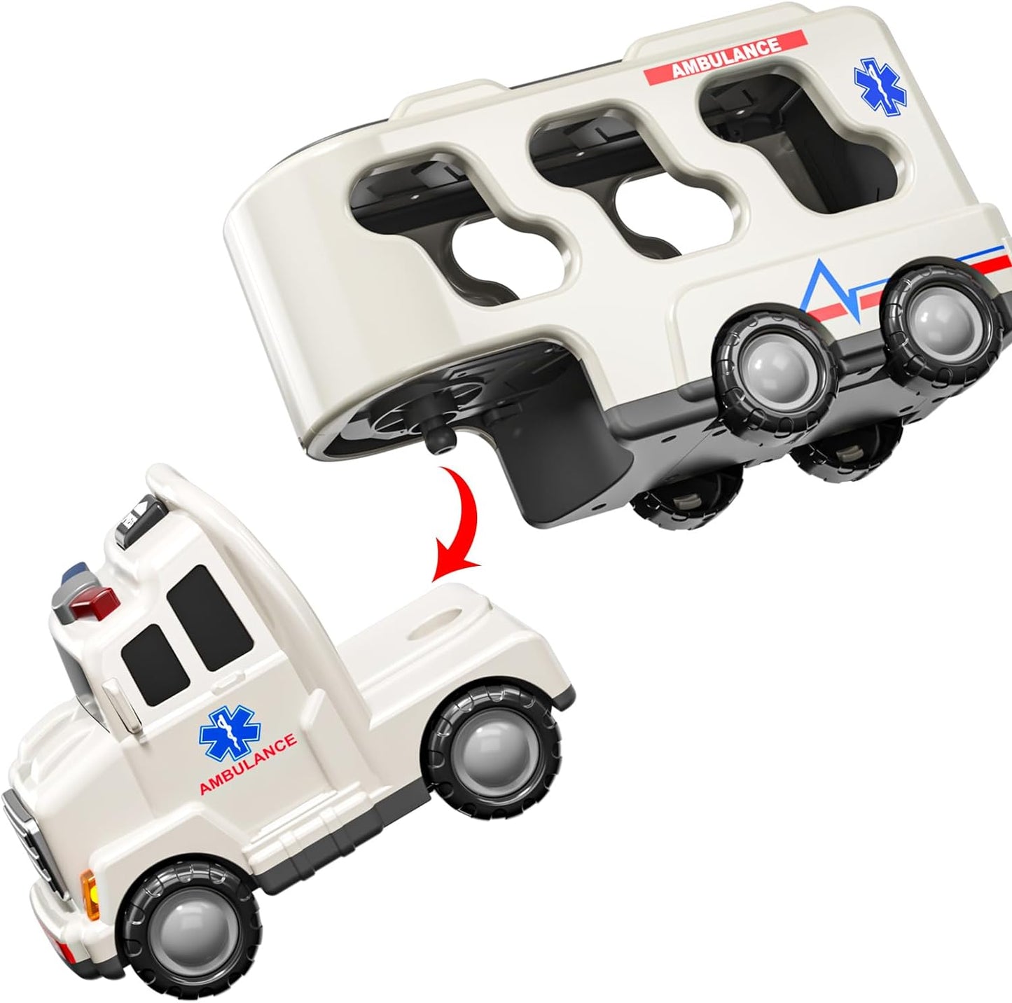 ToyBharat 5-in-1 Ambulance Carrier Truck Toy set with friction-powered cars, flashing lights, and music. A fun and educational emergency vehicle toy for boys and girls age 3+, ideal for birthdays and learning play.