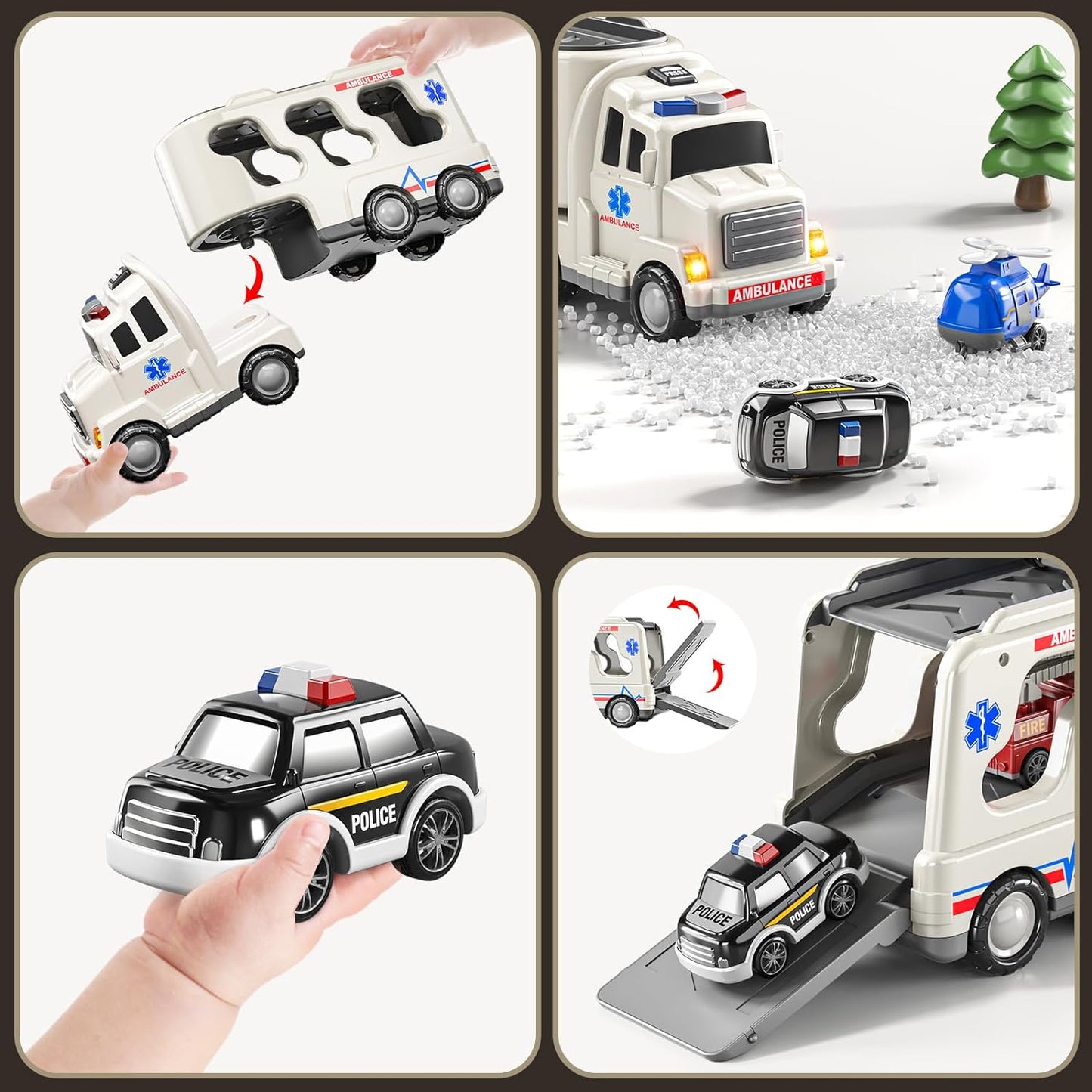 ToyBharat 5-in-1 Ambulance Carrier Truck Toy set with friction-powered cars, flashing lights, and music. A fun and educational emergency vehicle toy for boys and girls age 3+, ideal for birthdays and learning play.