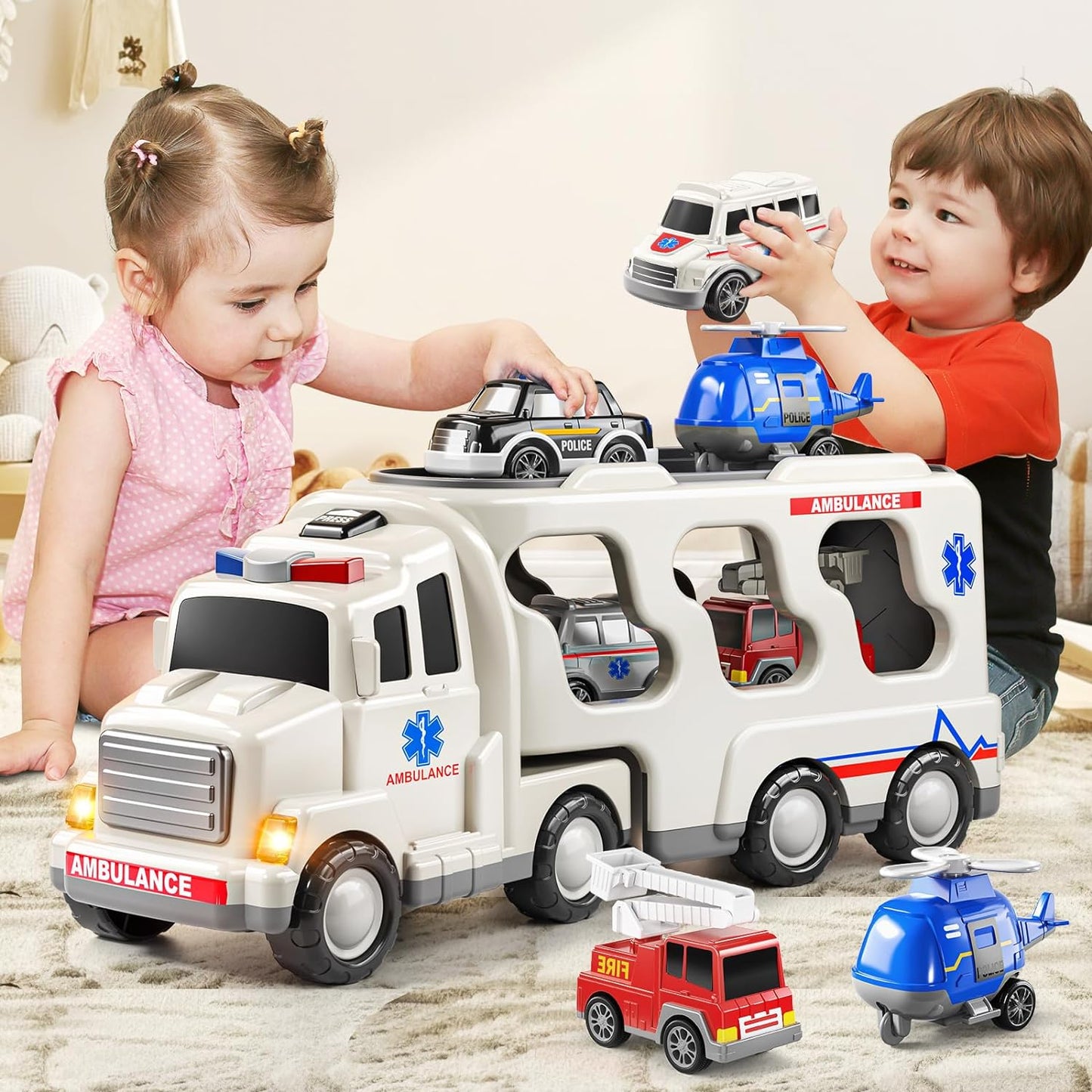 ToyBharat 5-in-1 Ambulance Carrier Truck Toy set with friction-powered cars, flashing lights, and music. A fun and educational emergency vehicle toy for boys and girls age 3+, ideal for birthdays and learning play.