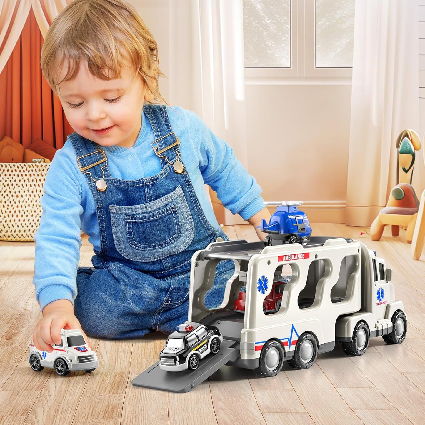 ToyBharat 5-in-1 Ambulance Carrier Truck Toy set with friction-powered cars, flashing lights, and music. A fun and educational emergency vehicle toy for boys and girls age 3+, ideal for birthdays and learning play.