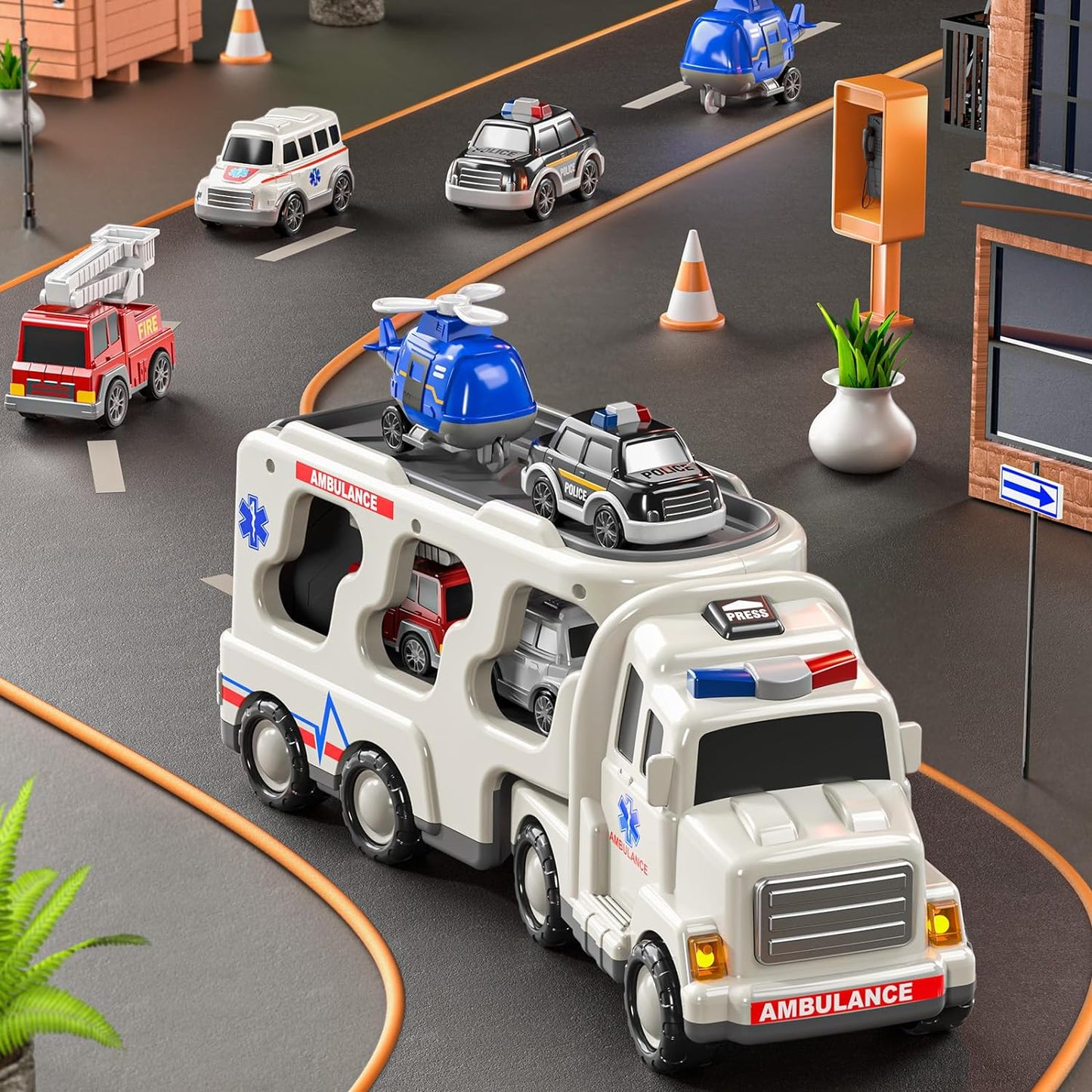 ToyBharat 5-in-1 Ambulance Carrier Truck Toy set with friction-powered cars, flashing lights, and music. A fun and educational emergency vehicle toy for boys and girls age 3+, ideal for birthdays and learning play.