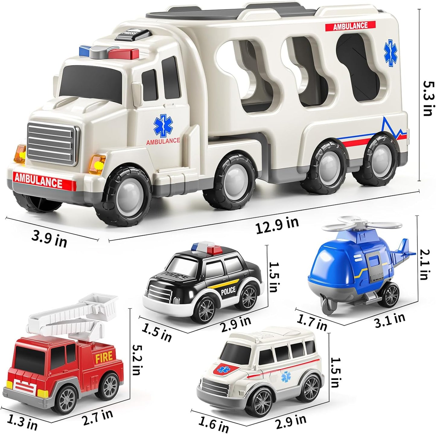 ToyBharat 5-in-1 Ambulance Carrier Truck Toy set with friction-powered cars, flashing lights, and music. A fun and educational emergency vehicle toy for boys and girls age 3+, ideal for birthdays and learning play.