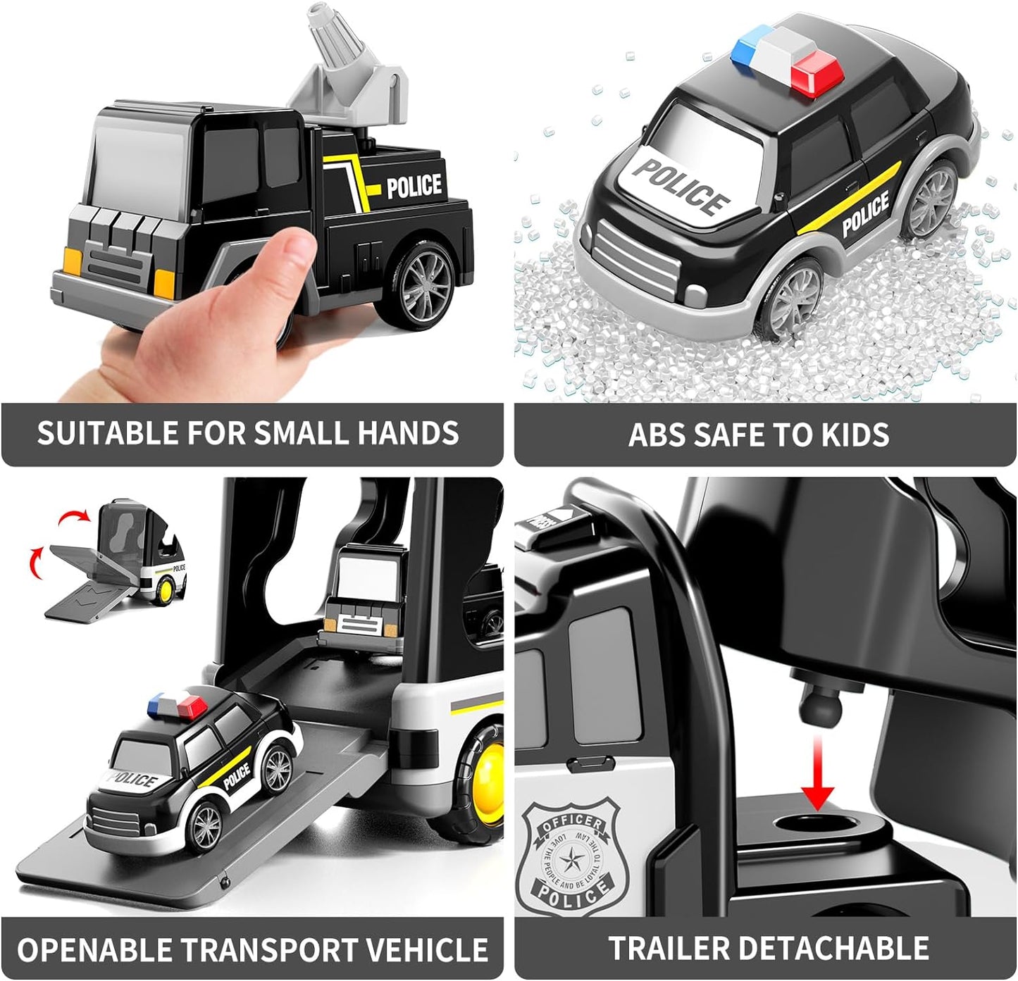 ToyBharat 5-in-1 Police Truck Toy Set includes a friction-powered carrier truck with lights, music, and mini vehicles. An educational Montessori toy for kids aged 3+, it’s a perfect birthday gift for boys and girls.