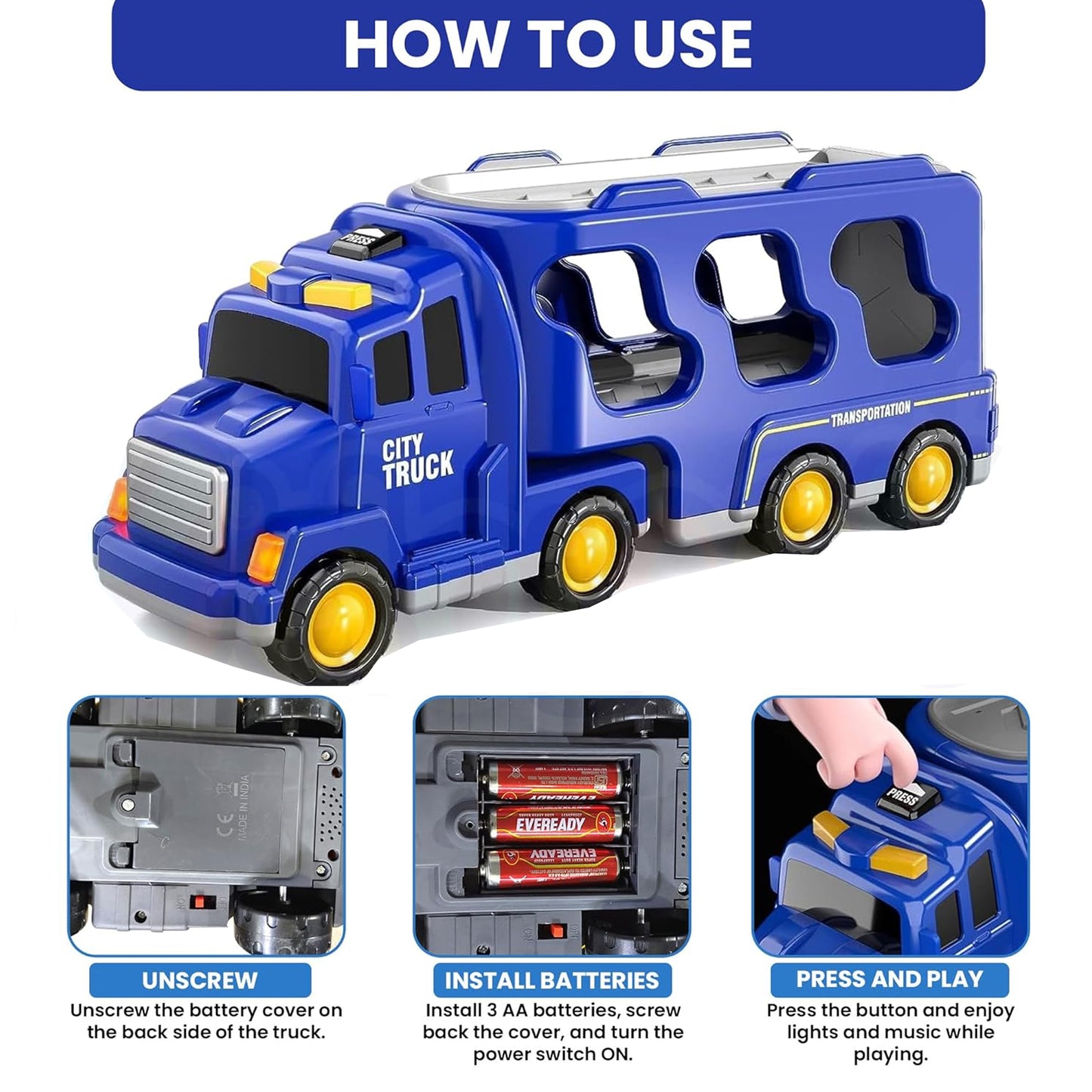 Toybharat City Transporter Carrier Truck | Multicolor | Interactive Toys |Battery Operated Light And Sound Effect Truck for Kids Gift