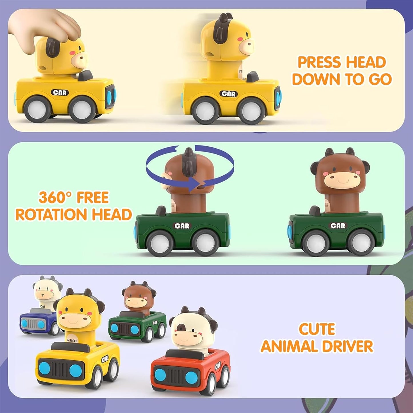 Toybharat Pressing go Animal Car 1 Pcs. | Multicolour | Push N Go Toys | Kids Gift