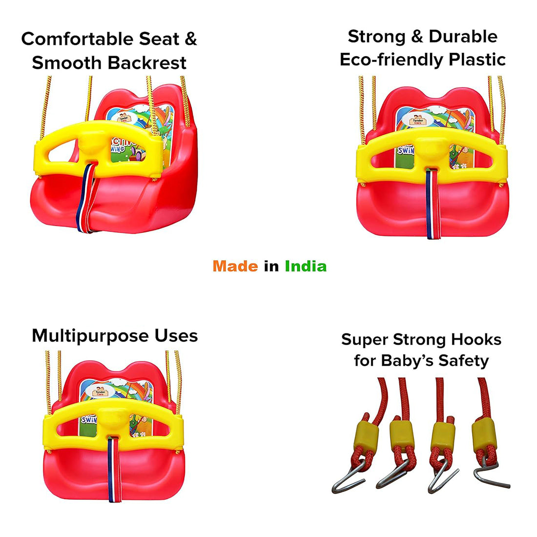 ToyBharat Baby Hanging Swing in vibrant multicolour is perfect for toddlers aged 1–6 years. Designed for indoor and outdoor use, it features a safety belt, strong ropes, and comfortable seating for joyful play.