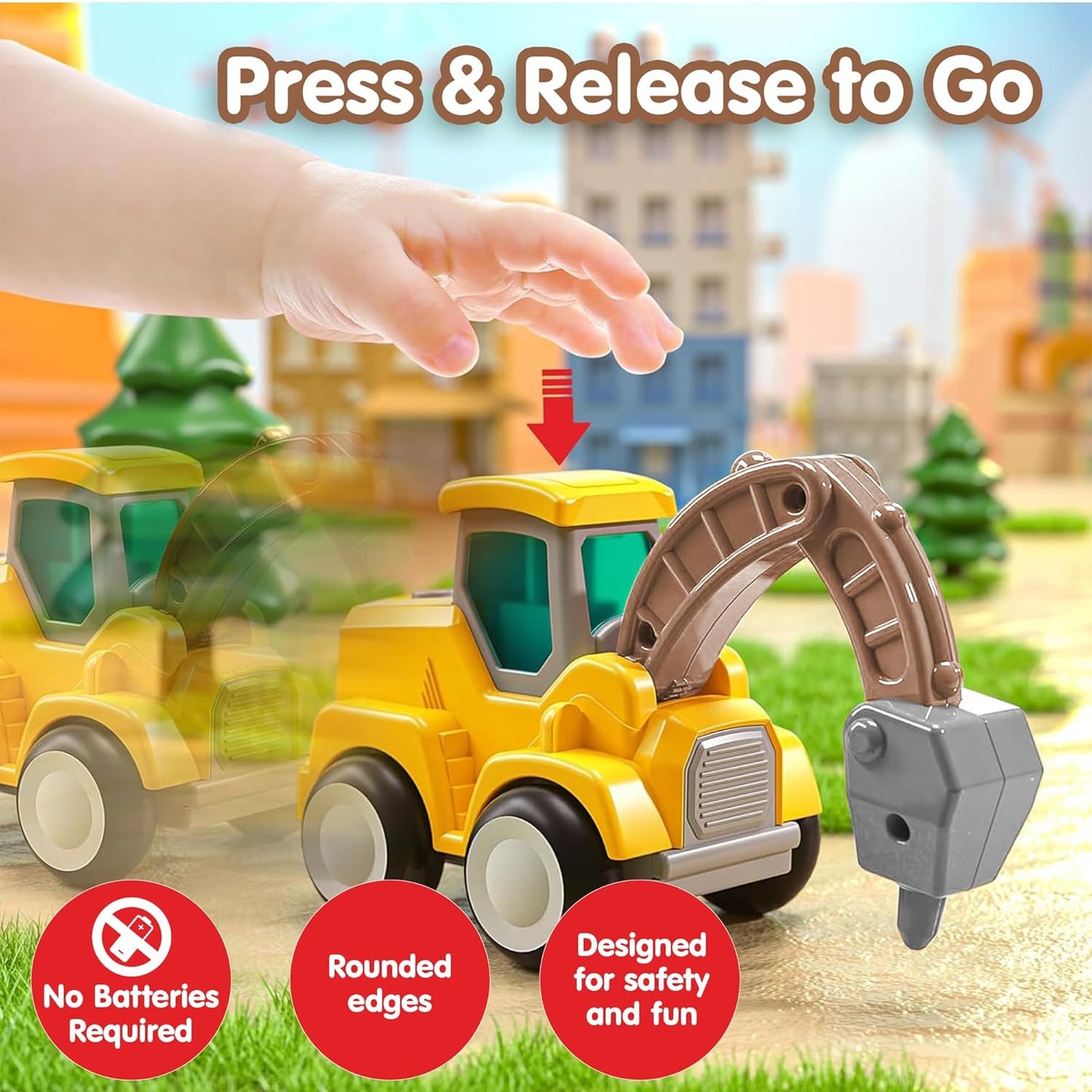 ToyBharat Pressing n go JCB Toys - for Toddlers, Press & Go Truck Toy with Flexible Joints, Fun Car Set for 1+ Year Old Boys & Girls, Birthday Gift for Kids