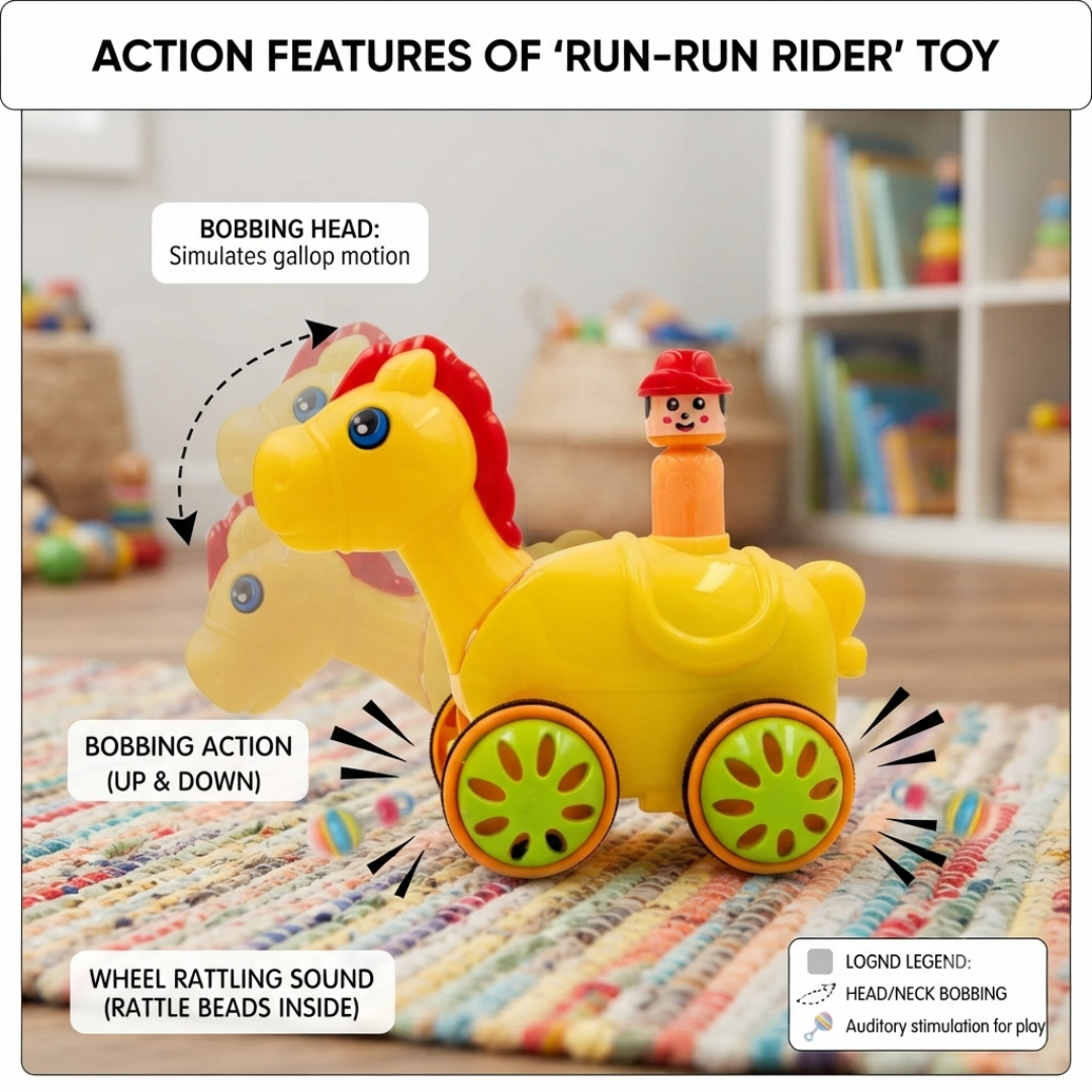 ToyBharat Push N Go Horse – A fun travel toy for kids aged 1-6 years with a realistic design. Made in India, safe and non-toxic, ideal for indoor and outdoor play. A perfect multicolour birthday gift for kids.