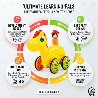 ToyBharat Push N Go Horse – A fun travel toy for kids aged 1-6 years with a realistic design. Made in India, safe and non-toxic, ideal for indoor and outdoor play. A perfect multicolour birthday gift for kids.