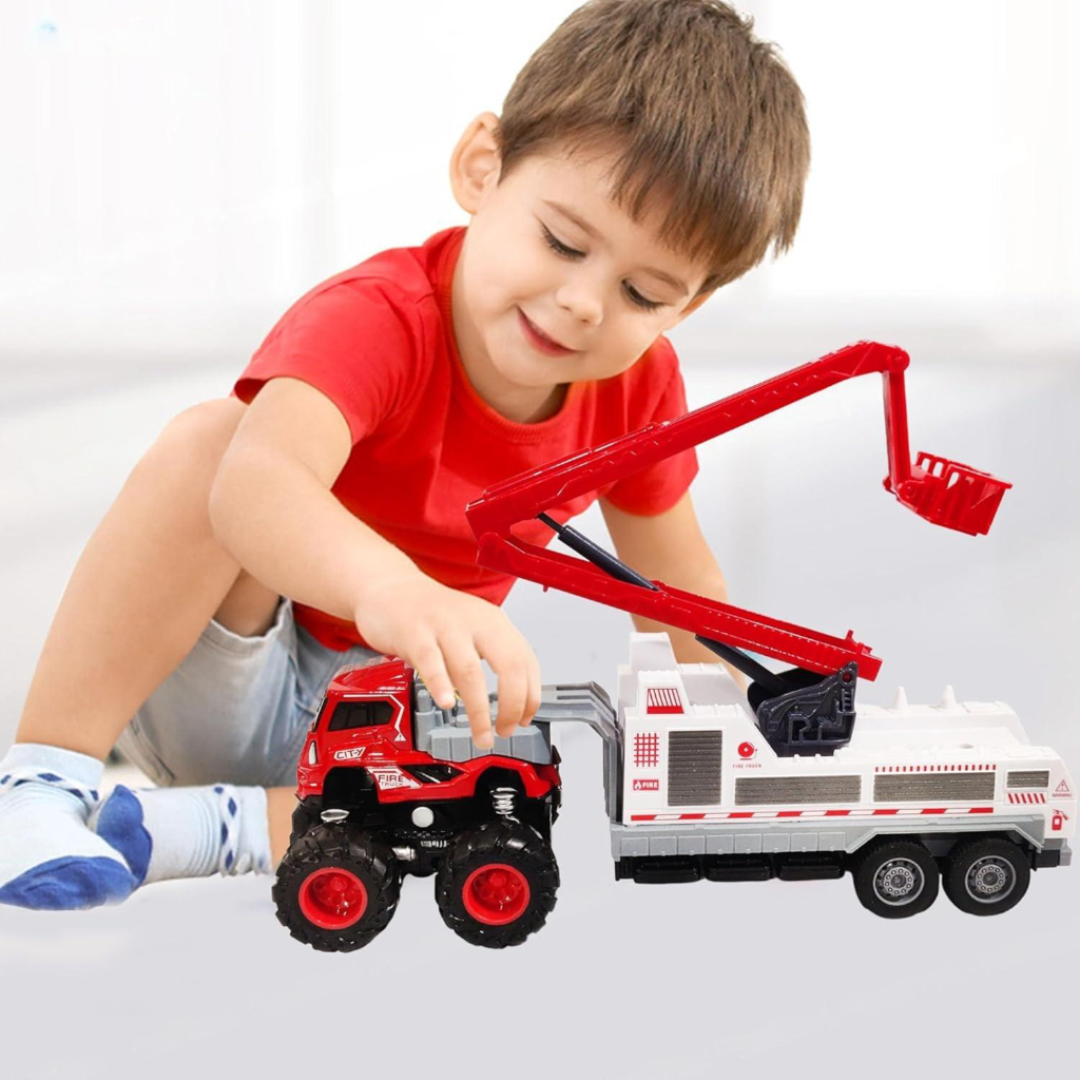 ToyBharat ABS Monster carrier truck fire Toy set with friction-powered cars, flashing lights, and music. A fun and educational emergency vehicle toy for boys and girls age 3+, ideal for birthdays and learning play.