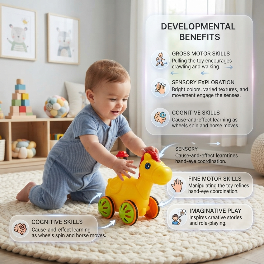 ToyBharat Push N Go Horse – A fun travel toy for kids aged 1-6 years with a realistic design. Made in India, safe and non-toxic, ideal for indoor and outdoor play. A perfect multicolour birthday gift for kids.