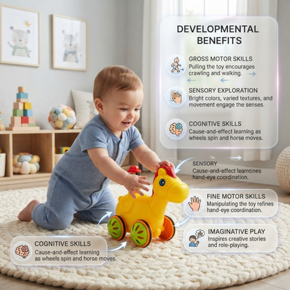 ToyBharat Push N Go Horse – A fun travel toy for kids aged 1-6 years with a realistic design. Made in India, safe and non-toxic, ideal for indoor and outdoor play. A perfect multicolour birthday gift for kids.