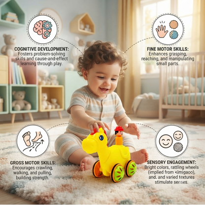 ToyBharat Push N Go Horse – A fun travel toy for kids aged 1-6 years with a realistic design. Made in India, safe and non-toxic, ideal for indoor and outdoor play. A perfect multicolour birthday gift for kids.