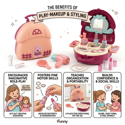 Toybharat Makeup Kit Set for Kids Ages 3-6 Year Old Girls | 2-in-1 Playset Portable Pretend Play Toy for Baby Girl | Activity Toys| Safe and Non-Toxic | Lightweight Bag Style Kit | Birthday Gift for Girls of 3 to 6