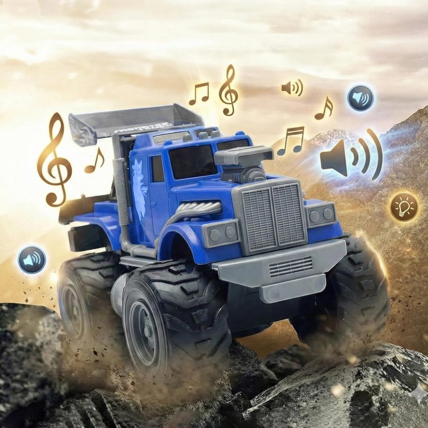 ToyBharat Monster Wheel Truck Toy with friction-powered, flashing lights, and music. A fun and educational emergency vehicle toy for boys and girls age 3+, ideal for birthdays and learning play.