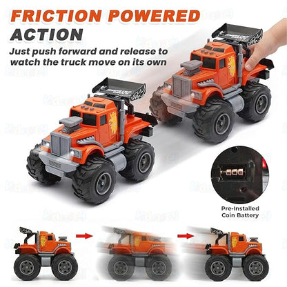 ToyBharat Monster Wheel Truck Toy with friction-powered, flashing lights, and music. A fun and educational emergency vehicle toy for boys and girls age 3+, ideal for birthdays and learning play.