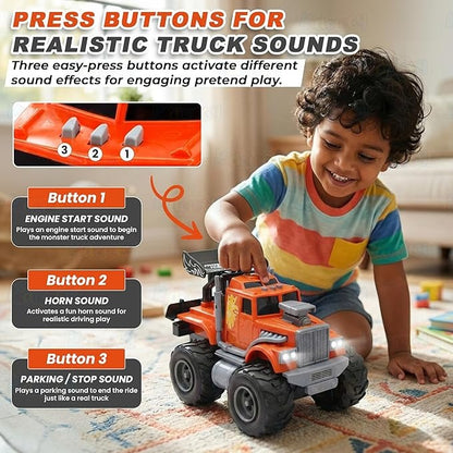 ToyBharat Monster Wheel Truck Toy with friction-powered, flashing lights, and music. A fun and educational emergency vehicle toy for boys and girls age 3+, ideal for birthdays and learning play.