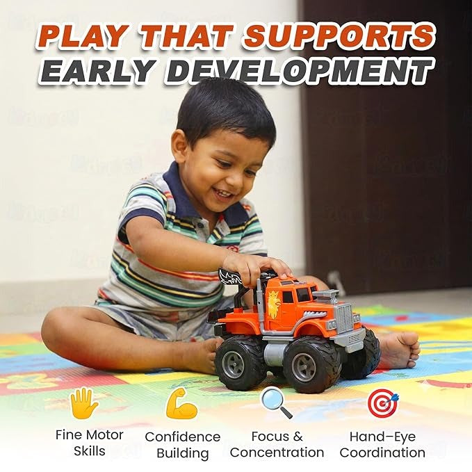 ToyBharat Monster Wheel Truck Toy with friction-powered, flashing lights, and music. A fun and educational emergency vehicle toy for boys and girls age 3+, ideal for birthdays and learning play.