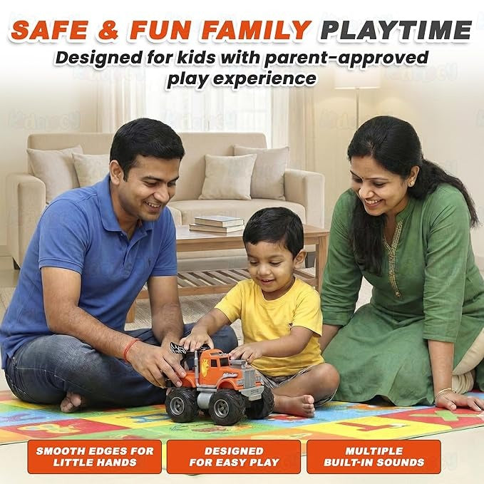 ToyBharat Monster Wheel Truck Toy with friction-powered, flashing lights, and music. A fun and educational emergency vehicle toy for boys and girls age 3+, ideal for birthdays and learning play.