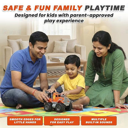 ToyBharat Monster Wheel Truck Toy with friction-powered, flashing lights, and music. A fun and educational emergency vehicle toy for boys and girls age 3+, ideal for birthdays and learning play.