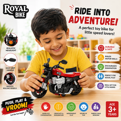 ToyBharat Royal Bike is a multicolour friction-powered travel toy with a stylish design, perfect for kids aged 1 to 6 years. Made from safe, non-toxic materials, it's durable, fun, and a great birthday gift.