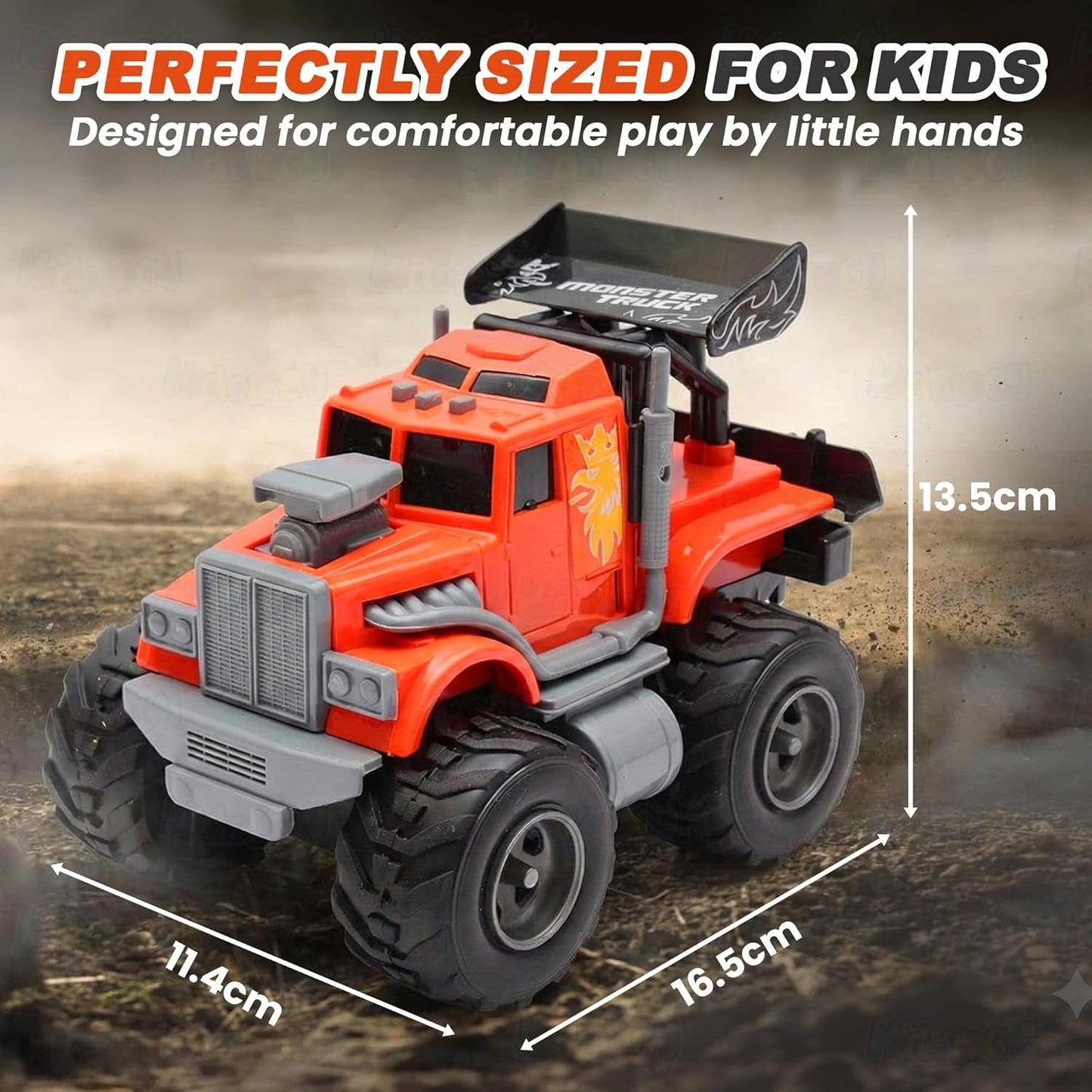 ToyBharat Monster Wheel Truck Toy with friction-powered, flashing lights, and music. A fun and educational emergency vehicle toy for boys and girls age 3+, ideal for birthdays and learning play.