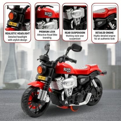 ToyBharat Royal Bike is a multicolour friction-powered travel toy with a stylish design, perfect for kids aged 1 to 6 years. Made from safe, non-toxic materials, it's durable, fun, and a great birthday gift.