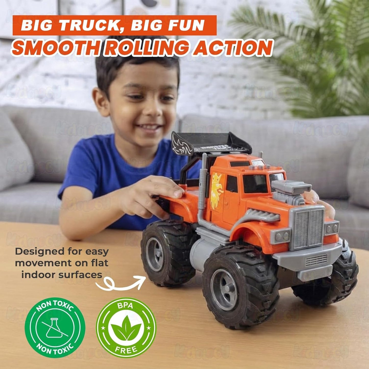 ToyBharat Monster Wheel Truck Toy with friction-powered, flashing lights, and music. A fun and educational emergency vehicle toy for boys and girls age 3+, ideal for birthdays and learning play.