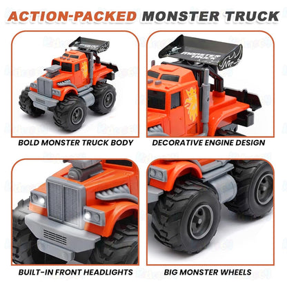ToyBharat Monster Wheel Truck Toy with friction-powered, flashing lights, and music. A fun and educational emergency vehicle toy for boys and girls age 3+, ideal for birthdays and learning play.