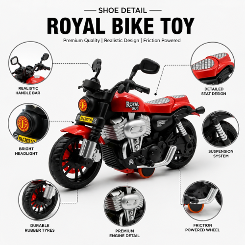 ToyBharat Royal Bike is a multicolour friction-powered travel toy with a stylish design, perfect for kids aged 1 to 6 years. Made from safe, non-toxic materials, it's durable, fun, and a great birthday gift.