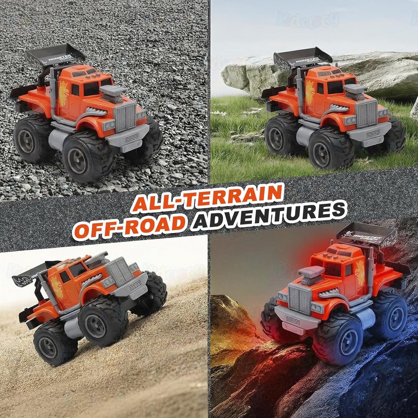 ToyBharat Monster Wheel Truck Toy with friction-powered, flashing lights, and music. A fun and educational emergency vehicle toy for boys and girls age 3+, ideal for birthdays and learning play.