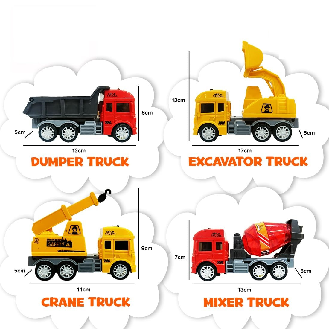 ToyBharat 4Pcs Construction Vehicle Truck Friction Playset |Doll & Play Set |Pack of 4