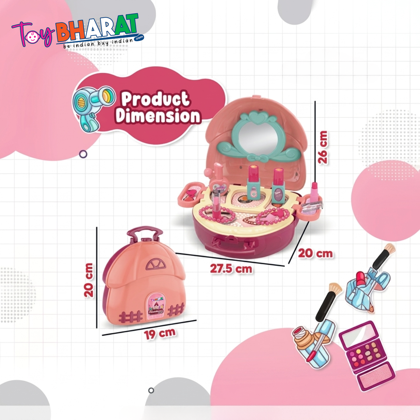 Toybharat Makeup Kit Set for Kids Ages 3-6 Year Old Girls | 2-in-1 Playset Portable Pretend Play Toy for Baby Girl | Activity Toys| Safe and Non-Toxic | Lightweight Bag Style Kit | Birthday Gift for Girls of 3 to 6