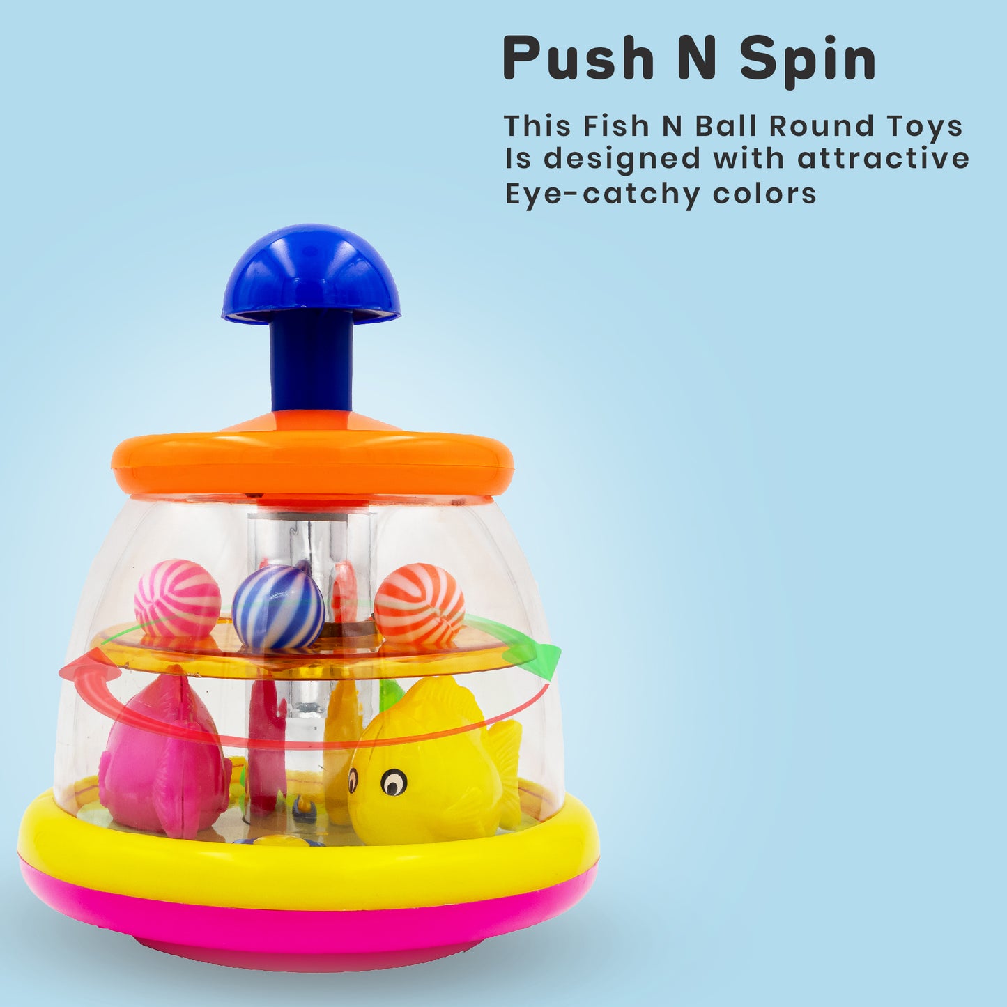 ToyBharat Push & Spin Fish & Ball Toy features a musical spinner with colorful fish and light-up balls. A multicolour interactive toy for toddlers that promotes learning through music, motion, and bright visuals.