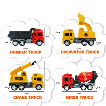 oyBharat Contruction Truck Set Friction Powered Cars Construction Cement Mixer Truck Dumper Excavator Truck Toys for 1 2 3 Year Old Boy Girl Baby Kids, Pack of 4