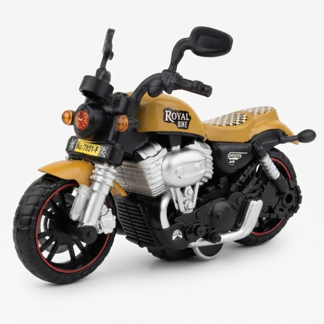 ToyBharat Royal Bike is a multicolour friction-powered travel toy with a stylish design, perfect for kids aged 1 to 6 years. Made from safe, non-toxic materials, it's durable, fun, and a great birthday gift.