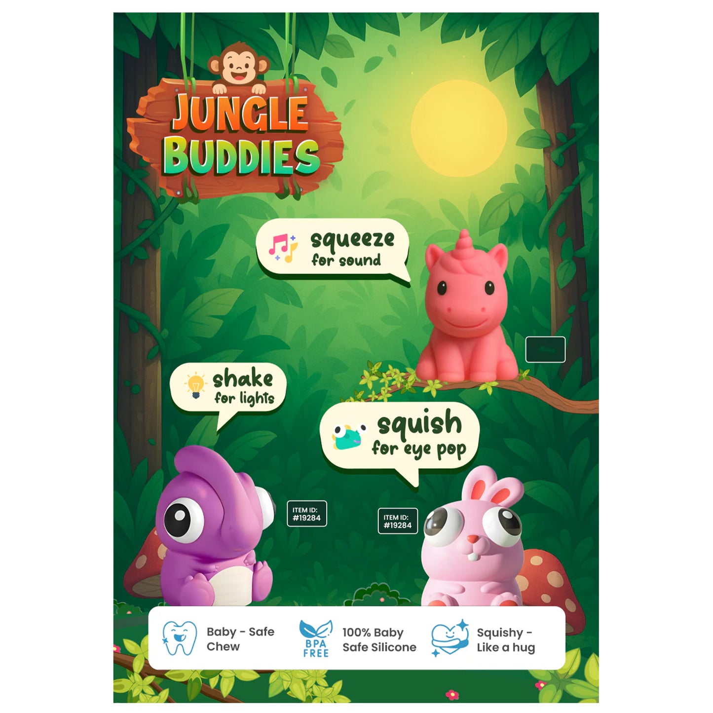 ToyBharat Jungle Buddies is a set of 3 fun squeeze toys—one lights up, one makes a “chu chu” sound, and one has eye pop-out action. Perfect for kids aged 1 to 6 for sensory, safe, and joyful playtime.