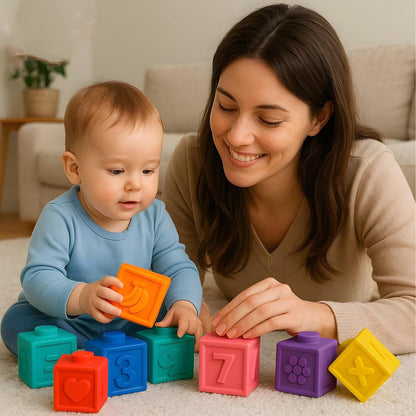 ToyBharat Cuddle Cubes Soft Baby Building Blocks Colorful Soft Stack & Learn Toy for Toddlers|BPA-Free, Chewable, Educational Sensory Blocks with Numbers, Animals, Fruits, Textures & Shapes (Set of 6)