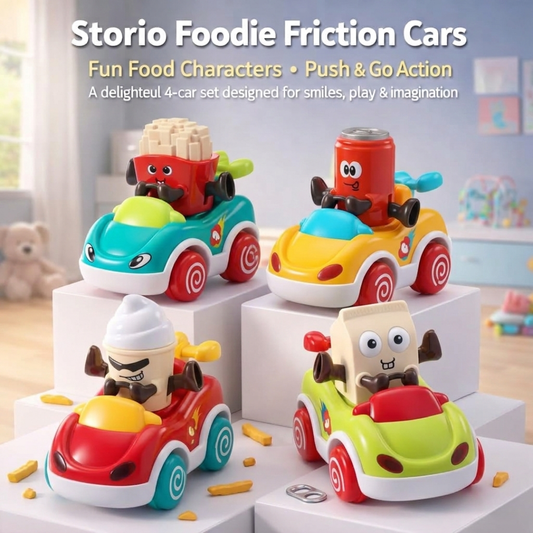 Toybharat  Pack of 4 Foodie Toy Cars | Friction Powered Vehicles | Educational Baby Cars for 1-3 Years | Cartoon Themed Mr Chips, Mr Milk, Mr Coca, Mr Icecream.| For Unisex Kids.