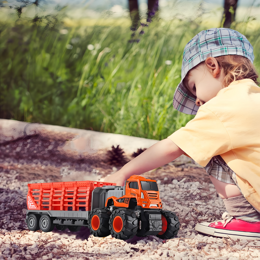 ToyBharat ABS Monster carrier truck Trala Toy set with friction-powered cars, flashing lights, and music. A fun and educational emergency vehicle toy for boys and girls age 3+, ideal for birthdays and learning play.
