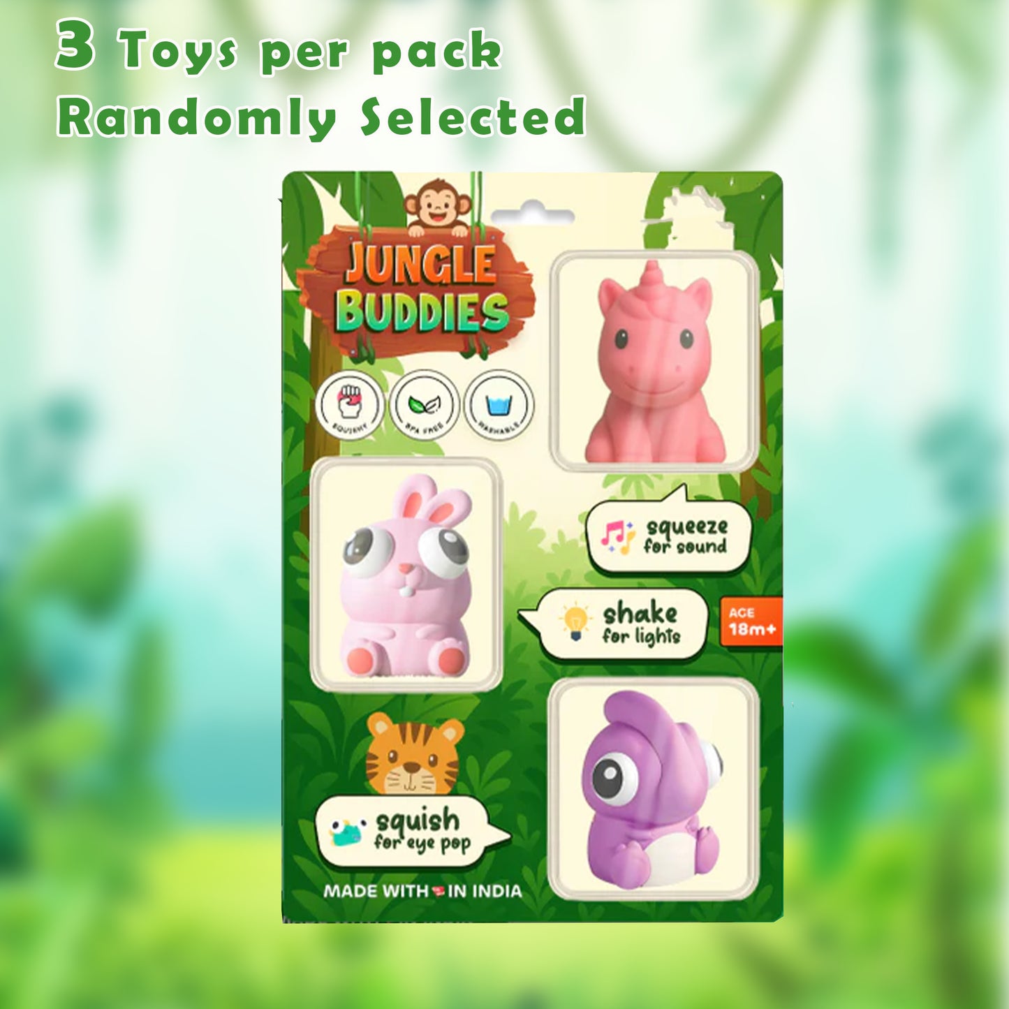 ToyBharat Jungle Buddies is a set of 3 fun squeeze toys—one lights up, one makes a “chu chu” sound, and one has eye pop-out action. Perfect for kids aged 1 to 6 for sensory, safe, and joyful playtime.